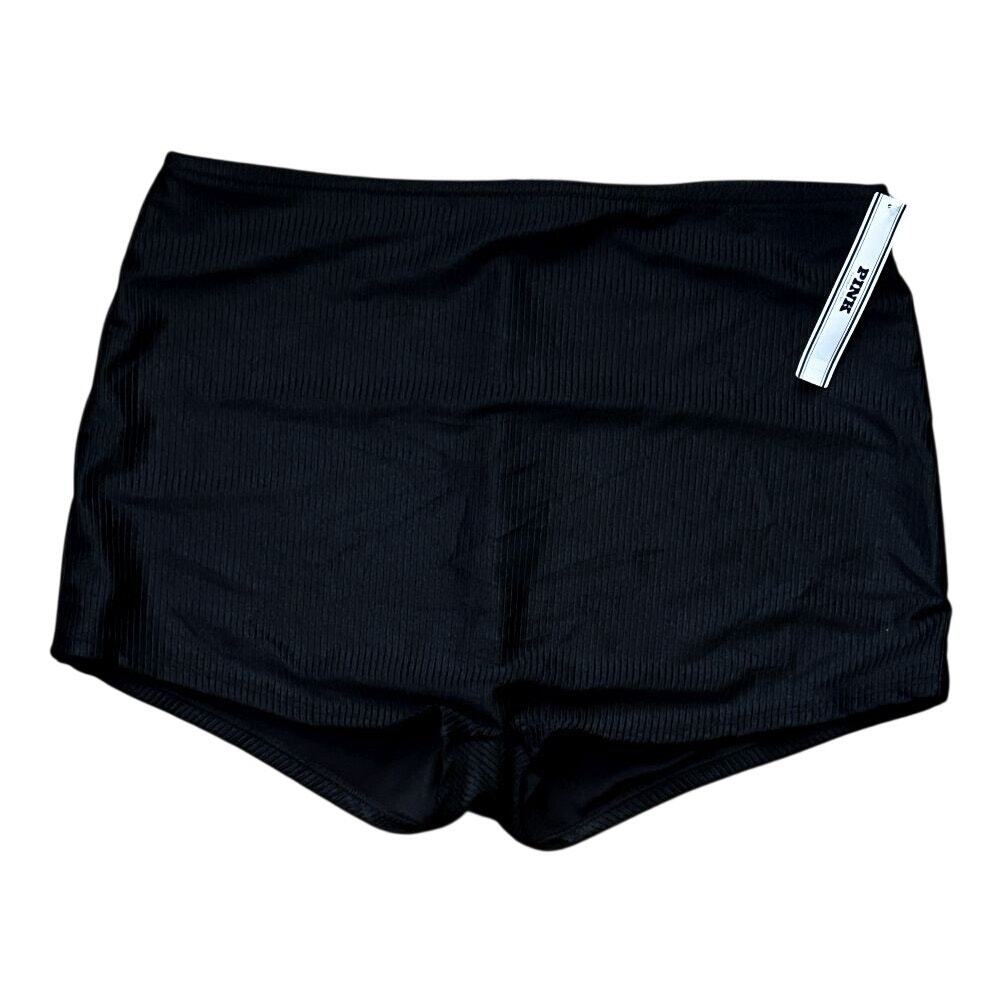 NWT PINK Victoria's Secret Black Ribbed High-Waist "Gym to Swim" Shorts Large